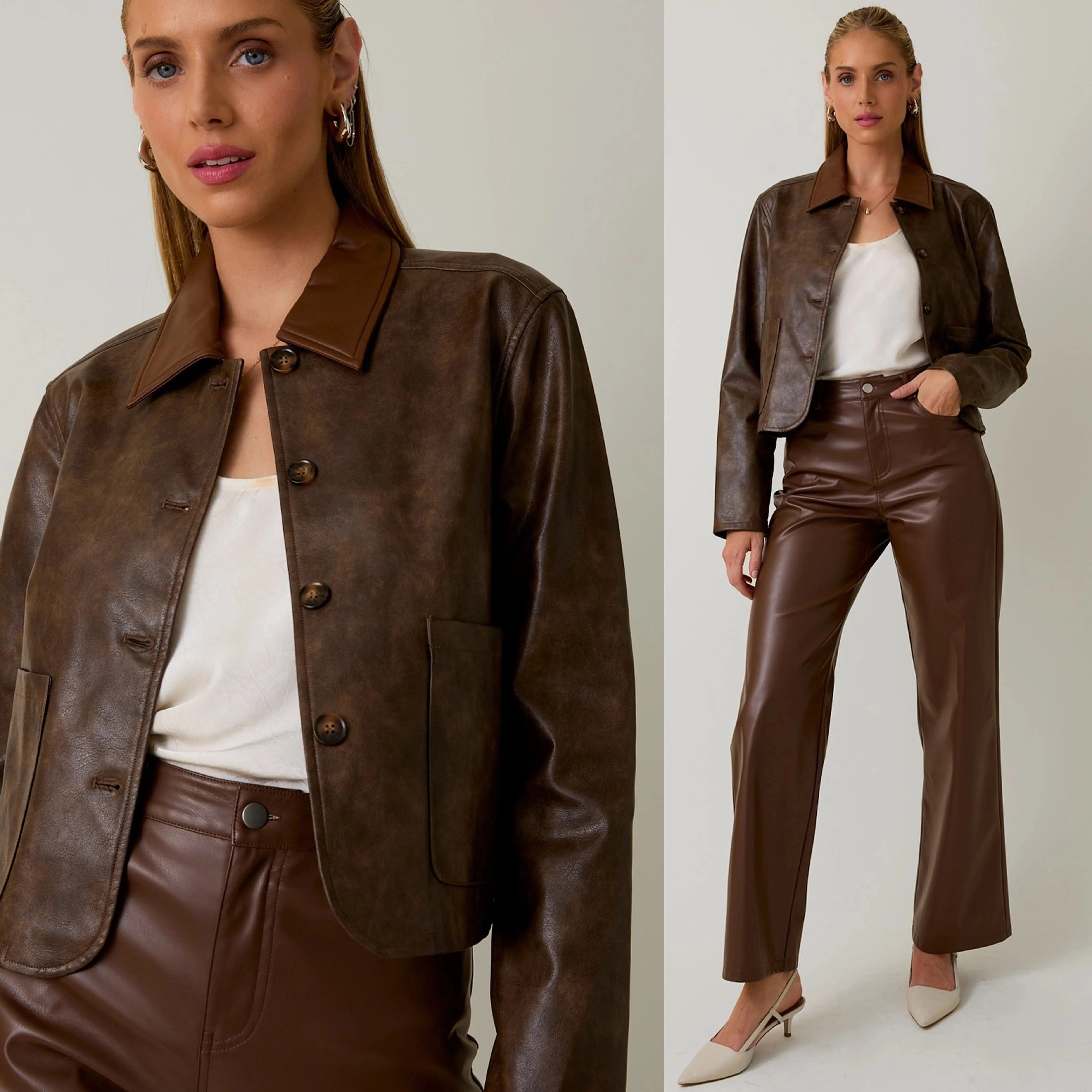 Brooks Faux Leather Long Sleeve Cropped Jacket | Women's Chocolate Brown Collared Outerwear | Fall and Winter Style