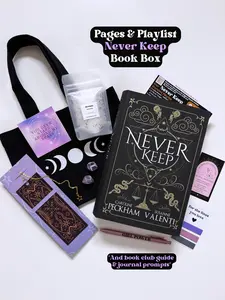 Never Keep Book Box - Curated Playlist, Bookish Merch, Stickers, Bookmark, Digital Backgrounds & More