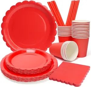 168PCS Scalloped Gingham Paper Plates and Cups and Napkins Sets for Birthday Wedding Bridal Shower Baby Shower Picnic, Serve for 24 Guests (Red Scalloped)
