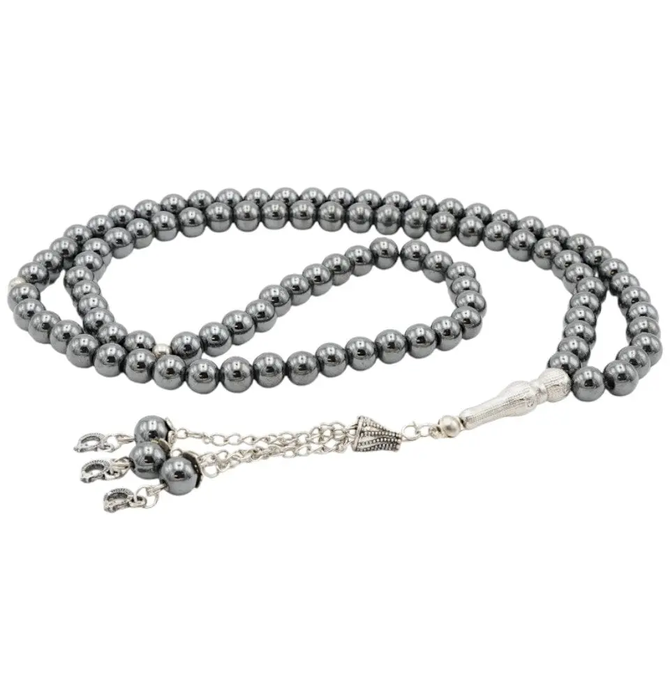 Islamic Tesbih Prayer Beads Round Hematite Stone 99 Count - Silver