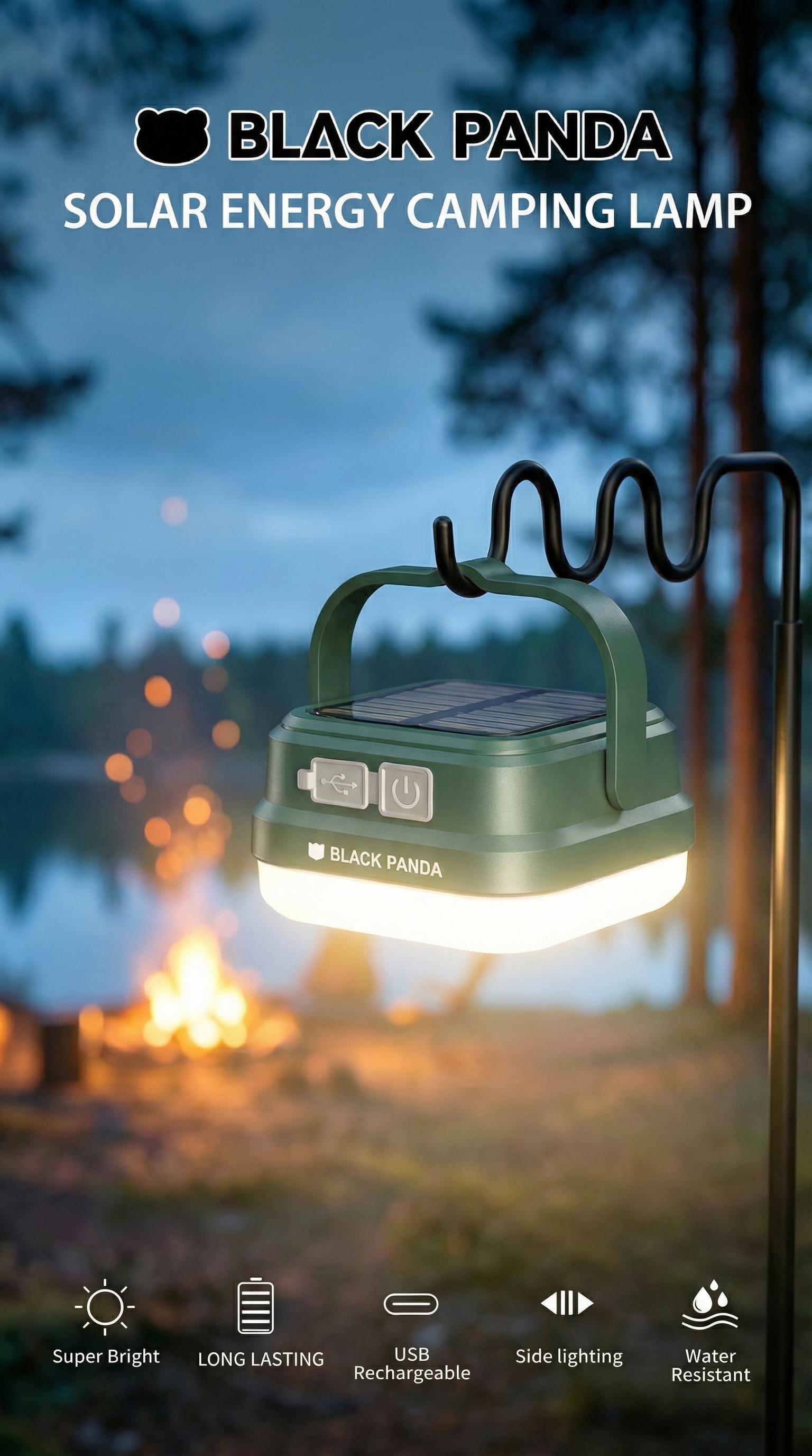 Black Panda Portable Solar Camping Lantern Solar & USB-C Dual Charging High Brightness Daily water resistant Multiple Lighting Modes