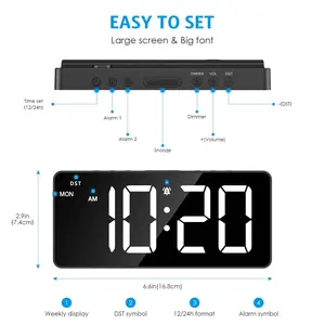 Newest Digital Alarm Clock, Large LED Display Alarm Clock for Bedroom, USB/Battery Powered Digital Clock with Date, 12/24H, 3 Levels Volume, Brightness Adjustment, DST, Night Mode Decor Light