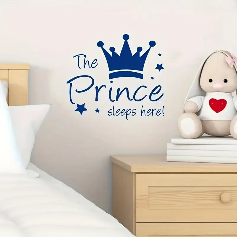 Blue Prince Crown Wall Sticker, Wall Art Stickers, Decorative Sticker, Home Decor, Self-Adhesive Room Decoration, 'prince Sleeps Here' Slogan, Bedroom Wall Decal, 3D Wall Decor