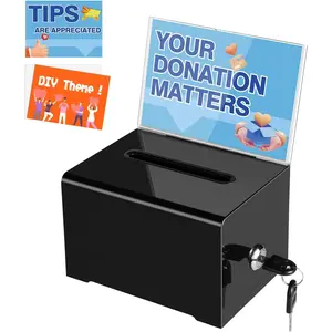 black Donation Box with Lock - Secure Ballot Box with Removable Sign Holder & 2  - for , Cards, Votes, Tickets, Feedback Collection (4.75"D x 6.29"W x 8"H)