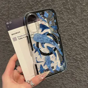 A group of blue whale patterns, Black bezel magnetic protective case Cover Protector Protection Casing, suitable for iPhone 17 Pro Max/17 Air/ 16/15/14/13/12/11, shockproof, acrylic hard shell material, great gift