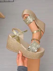 New Fashion Women's Wedge Heel Thick Sole Sandals, Elegant Stylish Versatile Comfortable Simple Height Increasing High Heels Shoes, Perfect for Beach Travel Party Wedding