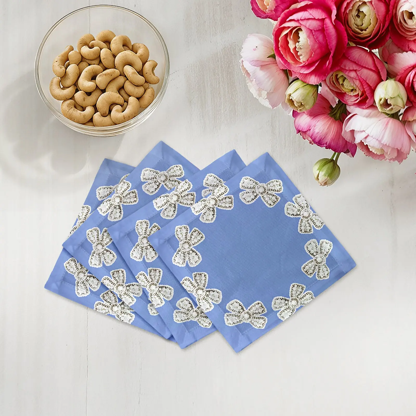 Pearl Bow Cotton Sateen Cocktail Napkins