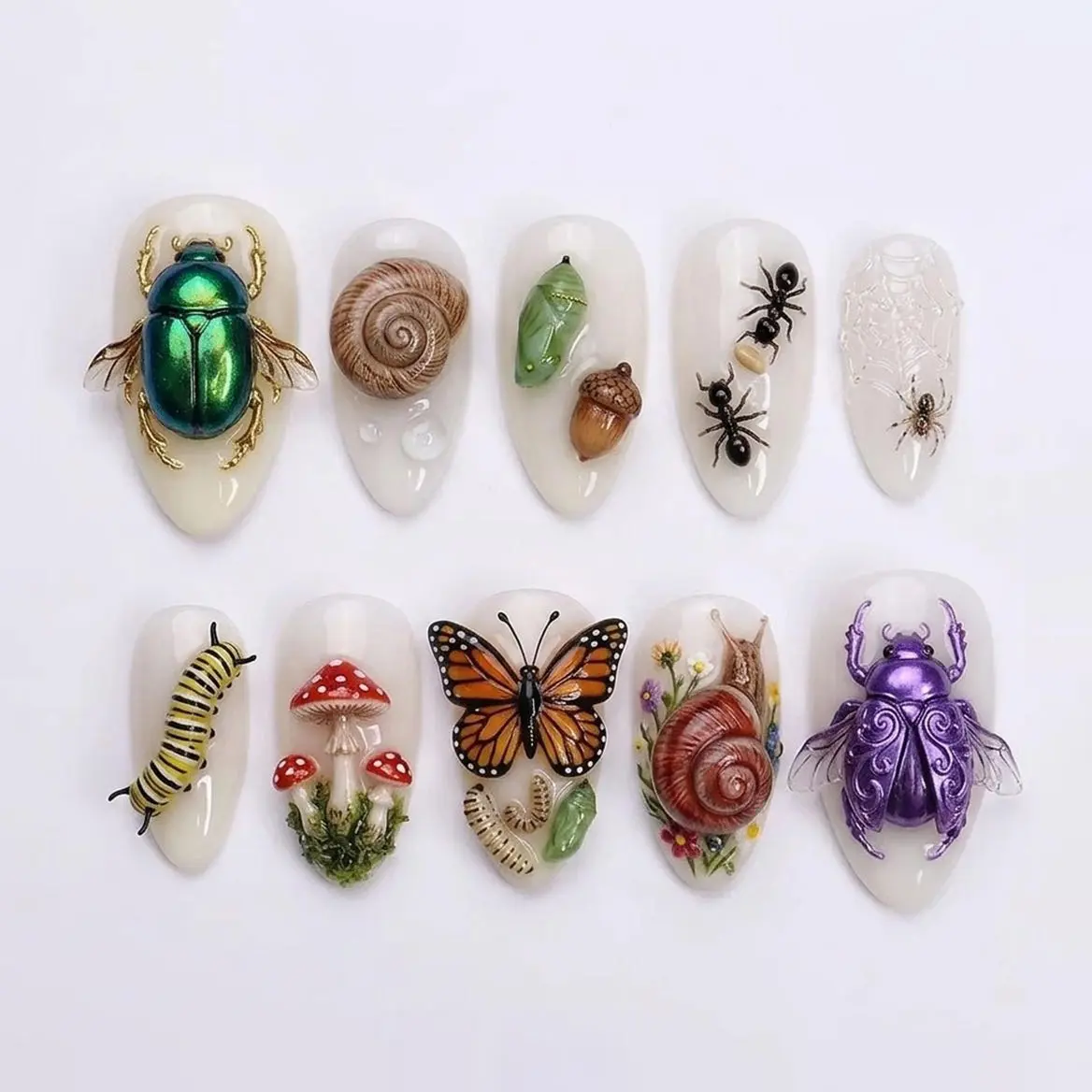 Handmade Goblincore Press On Nails, 3D Metallic Beetle Nail Set, Realistic Mushroom Snail Art, Dark Cottagecore Vibes