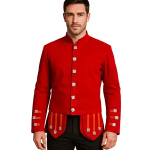 Men's Red Velvet Military Doublet Jacket - Scottish Highland Band Uniform Coat with Silver Buttons and Orange Trim