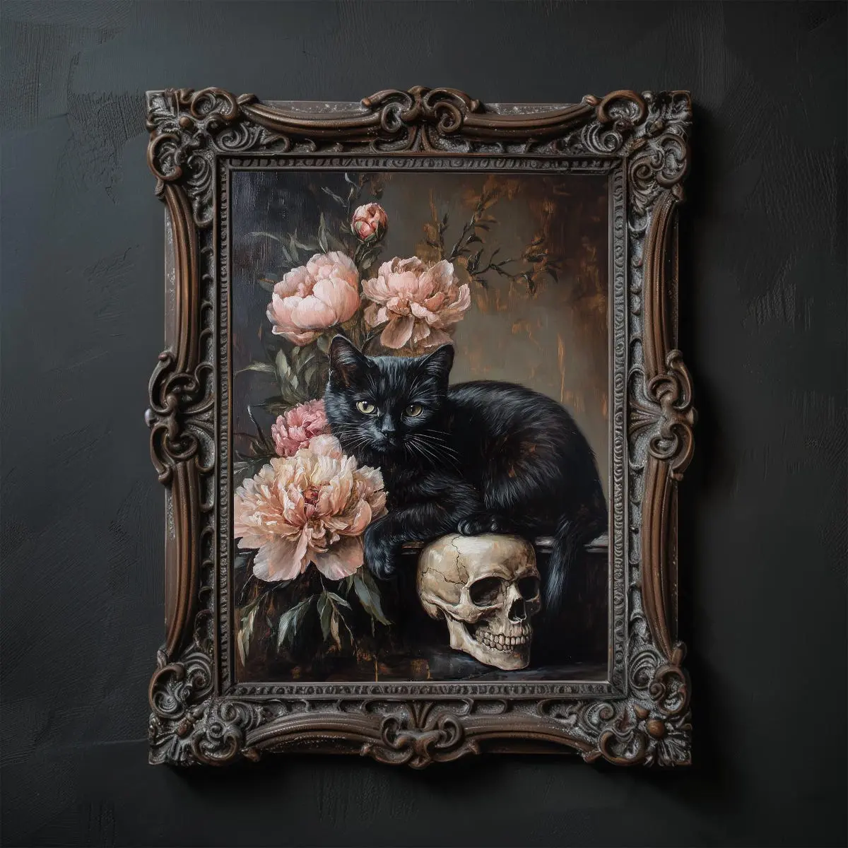 Witchcraft Black Cat Wall Art – Gothic Cat and Skull Illustration, Dark Fantasy Decor, Witchy Cottagecore & Dark Academia Print, Unframe