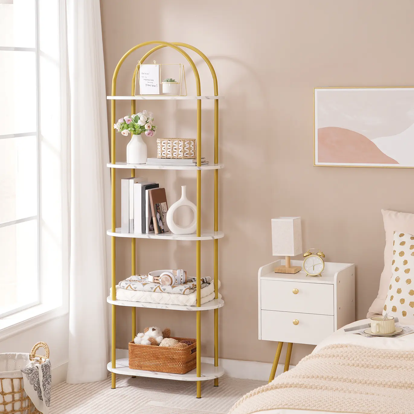 HOOBRO Modern Arched Bookcase Display Shelf Rack, 5 Tier Open Bookshelf, Wooden Bookcase Storage Shelf Metal Frame, Tall Storage Organizer for Home, Living Room, Easy Assembly #SummerVibes