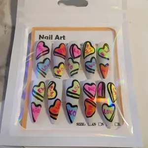Valentine's Press-On Nails - Colorful Heart Design, Nail Art