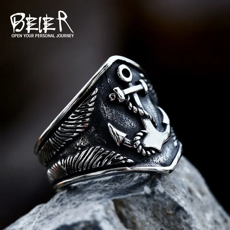 Male Beier Nordic Viking Anchor Ring - Titanium Steel, Vintage, Hip Hop Style, Letters Design by Special Design Team, Genuine and Affordable, Suitable for Ceremony, Delivery Guarantee