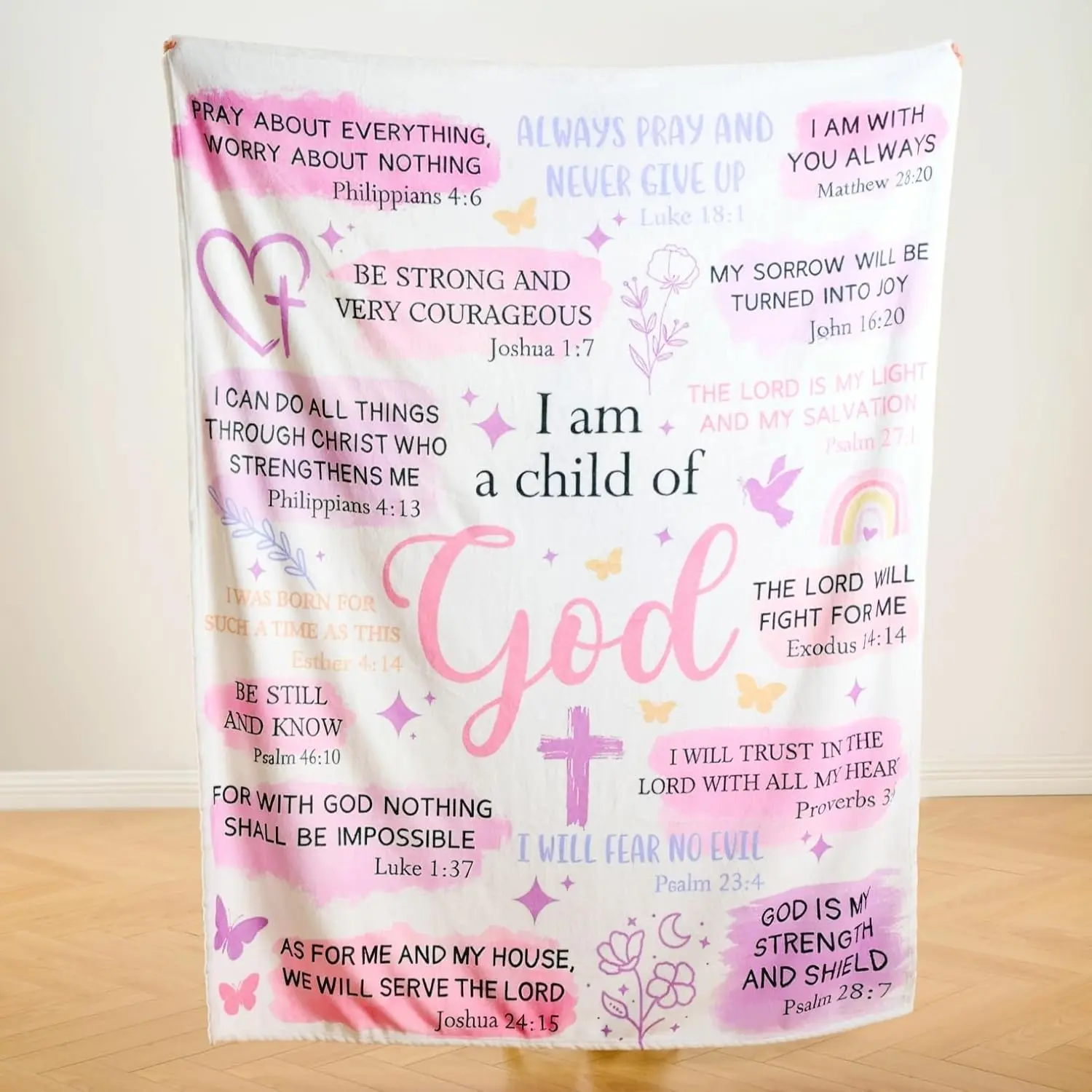 Traditional Christian Cross Scripture Print Polyester Fleece Blanket - "I Am a Child of God" Quote, Soft, Breathable, Durable, Wrinkle Resistant, Flannel Texture, Multi-Size Religious Throw, Inspirational Faith Gift for Women, Baptism, Machine Wash, 40*50