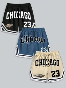 Men's retro basketball shorts, Workout bottoms, Athletic Shorts, Chicago 23&basketball badge pattern screen printed, breathable mesh fabric, customizable fit drawstring waist, ideal for basketball, streetwear, durable print suitable for basketball fans