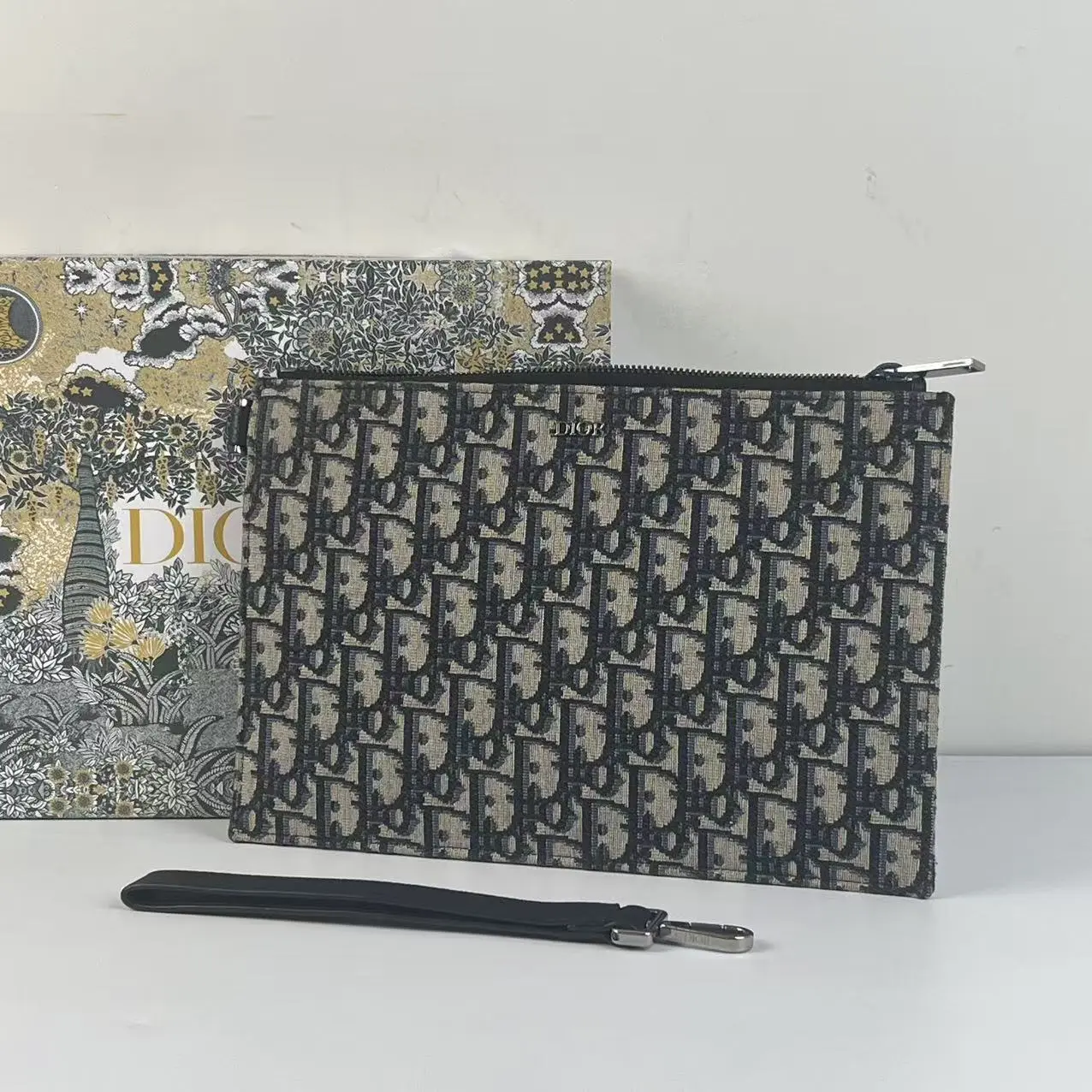 Pre-owned Dior Beige Oblique Zip Wristlet Clutch Bag