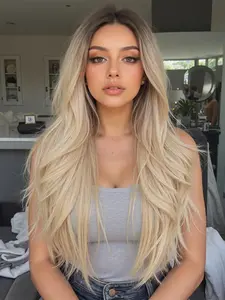 Fashionable New Handmade Front Wigs 24 Inch Long Wavy Blonde Wigs with Dark Roots Fluffy Synthetic Wigs for Women Suitable for Ordinary Work, Daily Life, Dance Parties and All Occasions