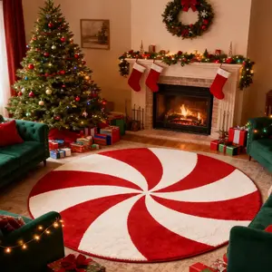 Christmas Round Carpet, Simple Mint Candy Christmas Candy Living Room Rug, Boho Washable Rug, Soft Comfortable Plush Foot Pad, Hand Wash Only