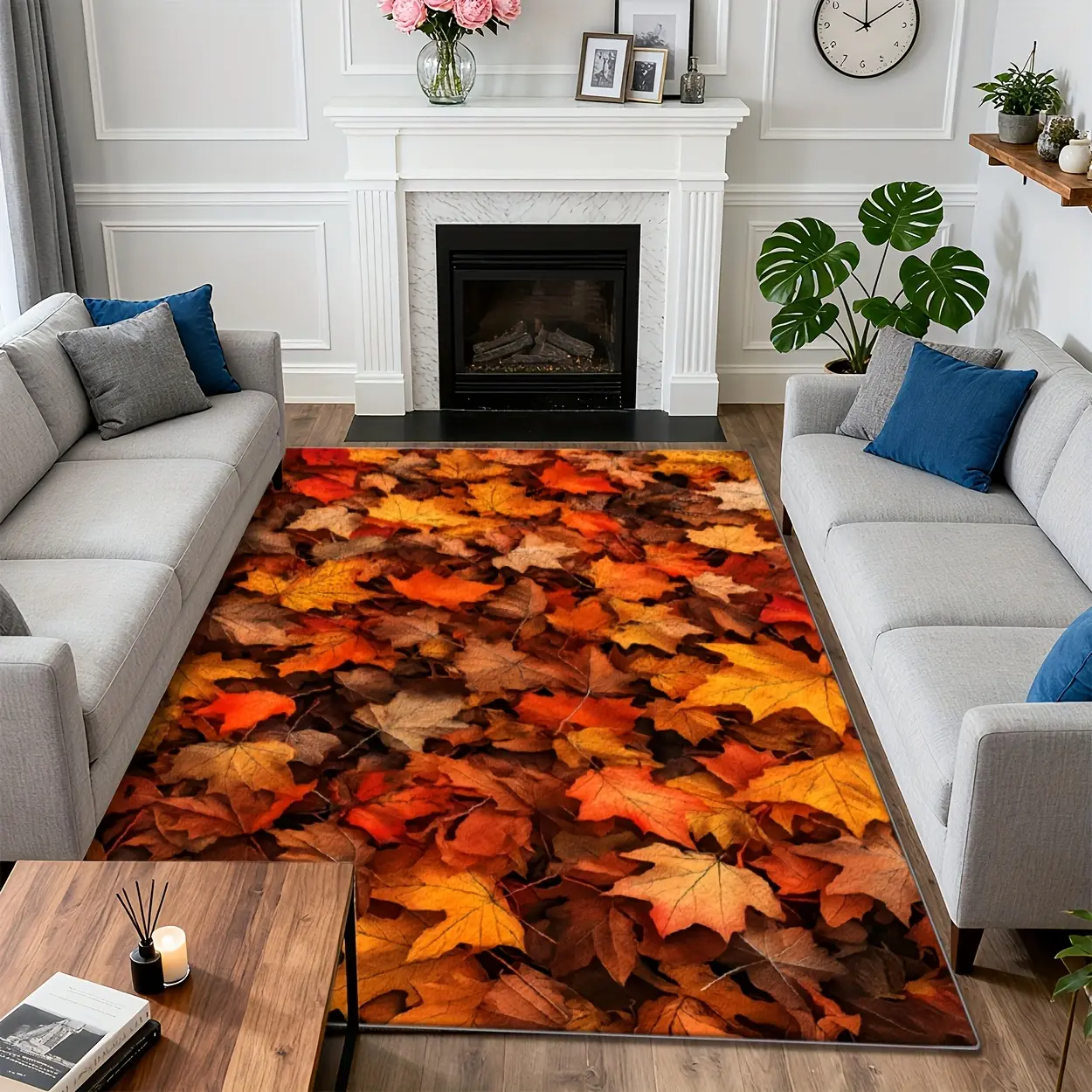 Luxury Autumn Leaf Print Carpet - Plush Soft Rectangular Floor Mat with Rubber Backing, Machine Washable Indoor/Outdoor for Living Room, Bedroom, Patio - Warm Brown & Golden Fall Colors, Multiple Sizes (Large Area), Durable Easy-Clean Decorative Mat