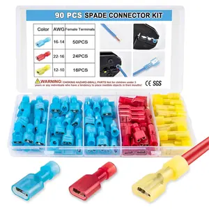 90PCS Spade Connector Kit, Nylon Spade Wire Terminal Connectors for 12-10, 16-14, 22-16 AWG Wire, Quick Disconnect Fully Insulated Crimp Terminals for Auto, Speaker and Stereo Wiring