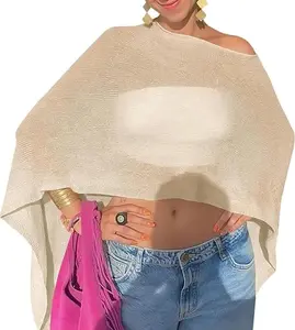 2026 Women Senior Sheer Poncho Top,Irregular Beach Shawl,Drop Shoulder Knit Beach Shawl,Lightweight See Through Shawl,Summer Shrug Beach Cover Shawl,Suit For Beach Vacation