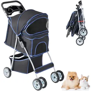 Cat Stroller for Small to Medium Cats, Foldable Lightweight Pet Stroller with Storage Basket and Cup Holders, Indoor Outdoor Travel Use