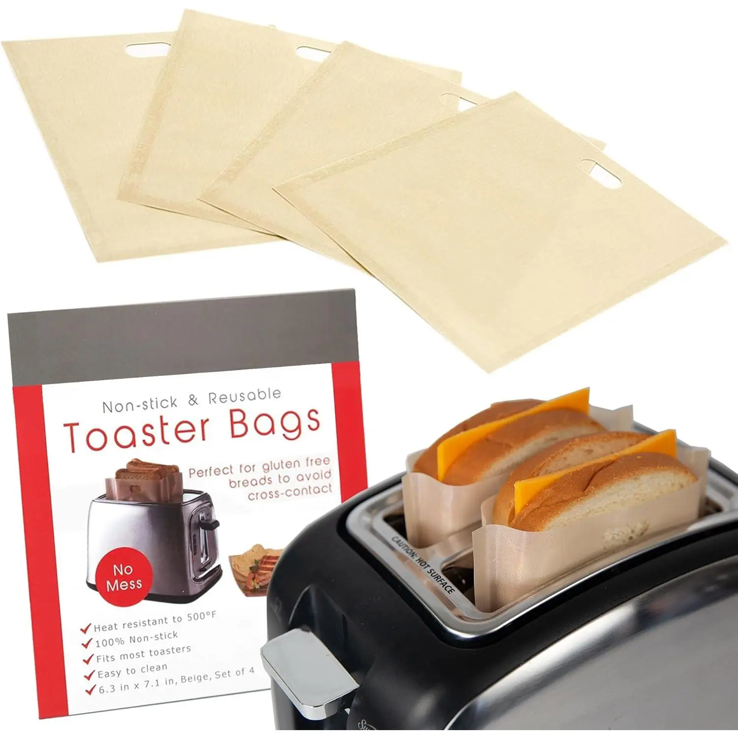 Reusable Toaster Bag - For Grilled Cheese Sandwiches, Pizza Rolls, + - Nonstick Toaster Bags Made of Teflon - BPA & PFOA Free Little Bags - Toaster Bags Reusable Up To 50 Uses (Set of 4)