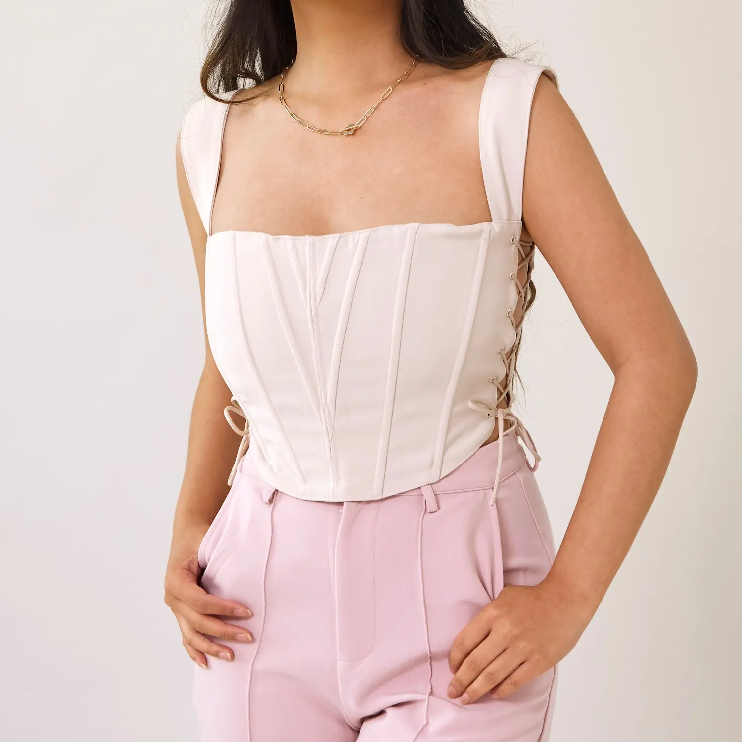 Adore You Corset Top - Cream - neutral tie side corset top with boning and a square neckline