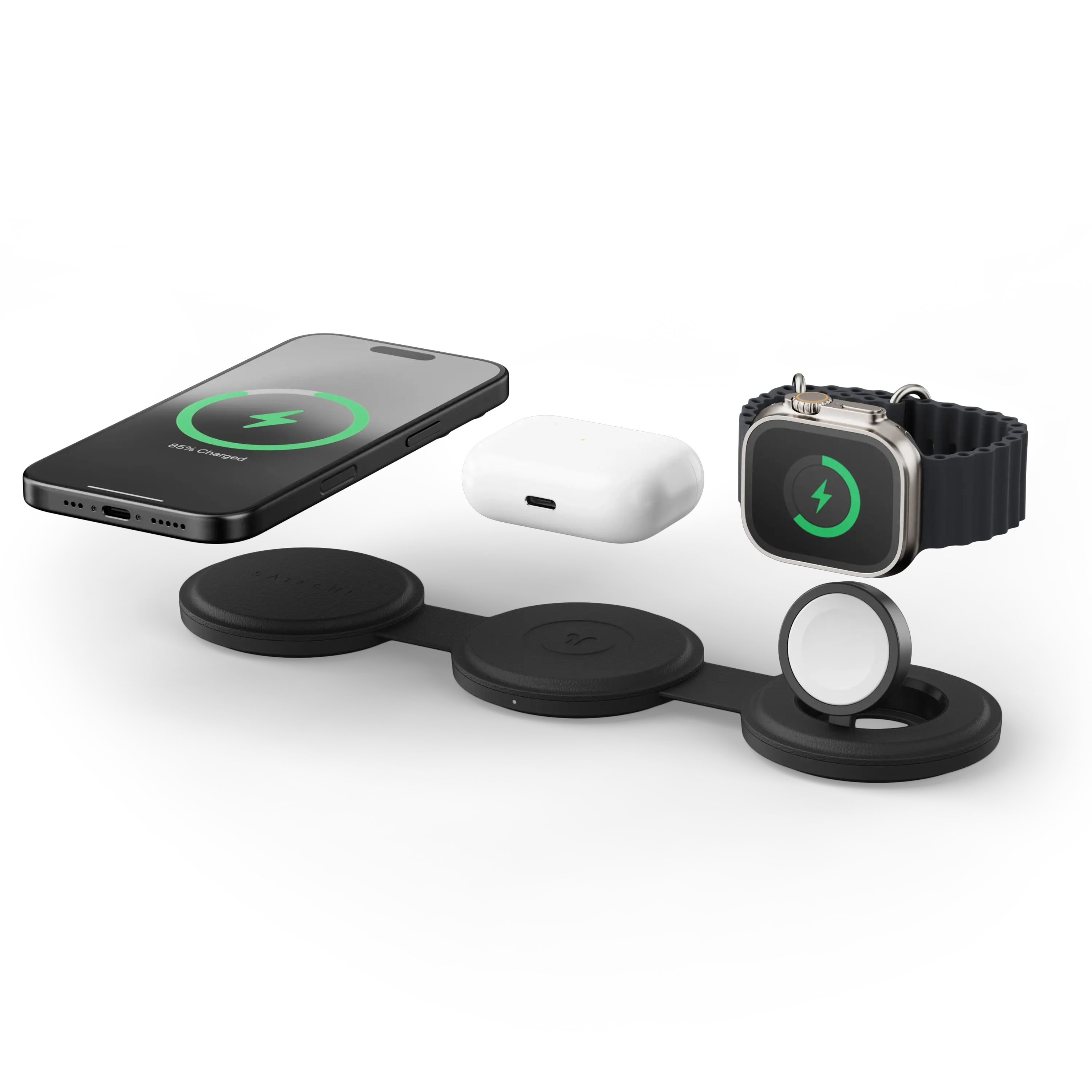 Satechi OntheGo 3-in-1 Wireless Charger - Qi2 15W Fast Charging for iPhone, 5W Apple Watch & AirPods, Foldable Travel
