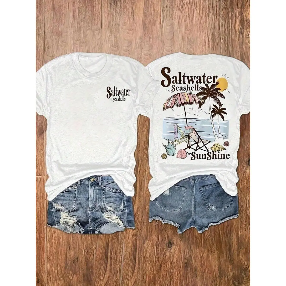 Vacation Outfits WomenWomen's Seashells & Beach Palm Tree Vacation Print T-Shirt, Casual Vacation Women's Short Sleeve Top, Women's ClothingLoose And Comfortablesummer Women Holiday Graphic Cotton Essential