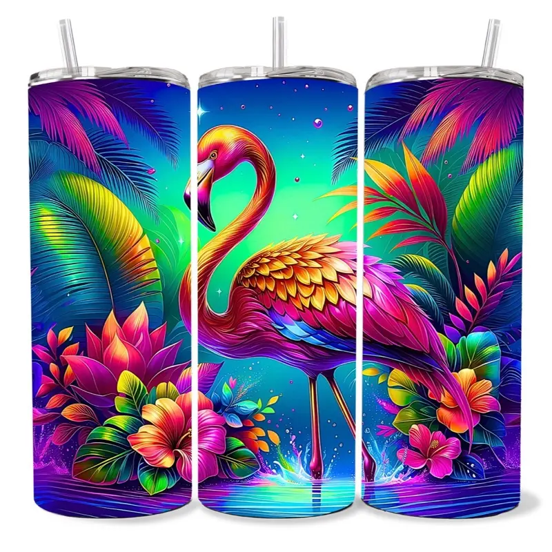 Flamingo 20 oz Tumbler - BPA Free, Stainless Steel, Leak Proof, Clear Lid, Includes Straw