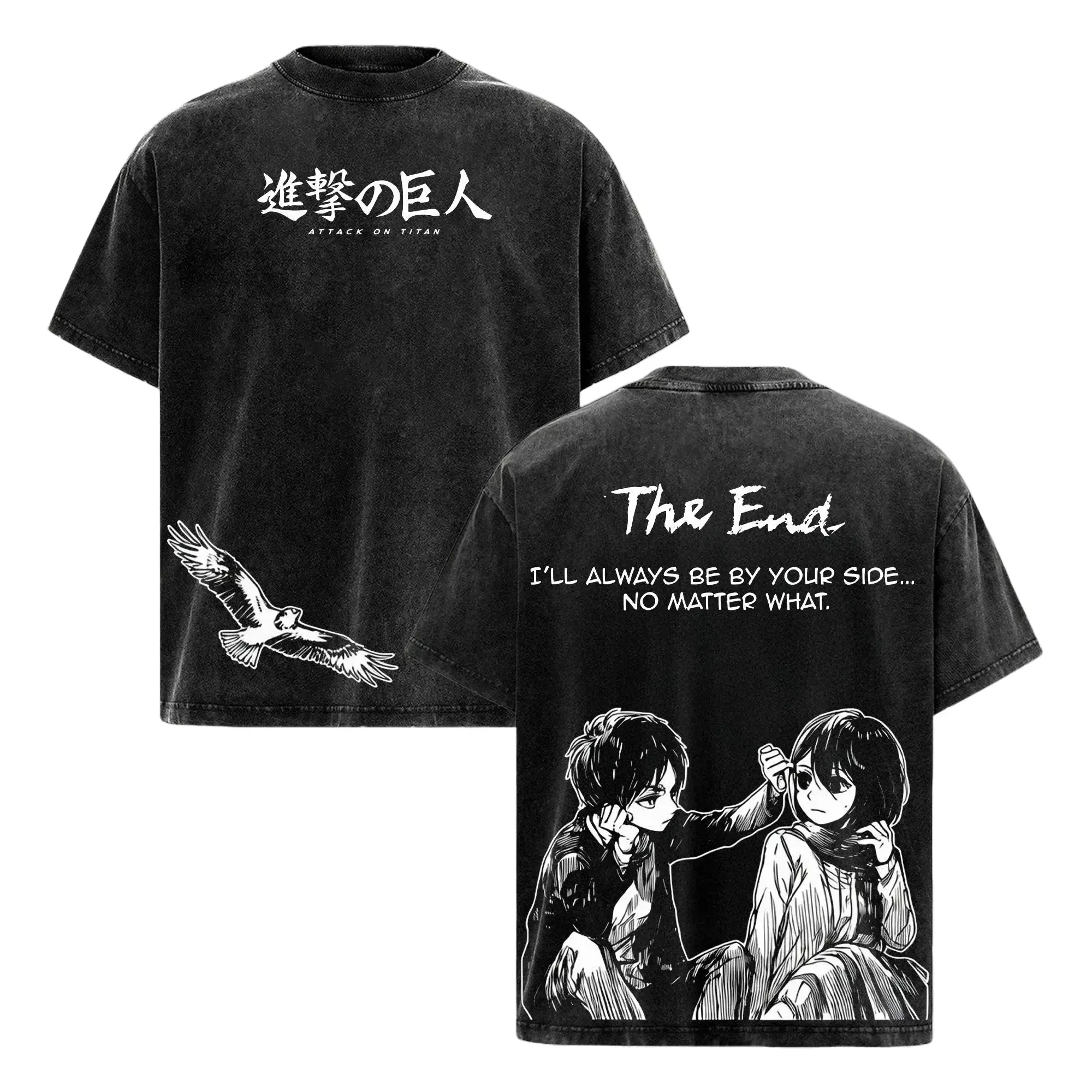 Attack on Titan Final Season T-Shirt | Vintage Washed Heavy Cotton Oversized Anime Graphic Tee | Eren & Mikasa Emotional Ending Streetwear | Trendy Japanese Manga Merch for Manga Fans | 90s Graphic American Casual Short Sleeve Tee,Gym & Streetwear