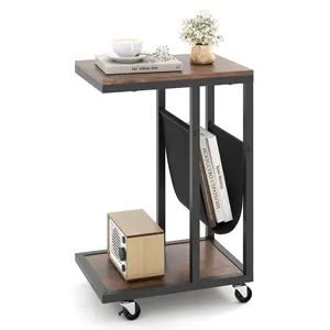 COSTWAY - C-shaped Side Table with Canvas Storage Pouch and Metal Frame-Borwn