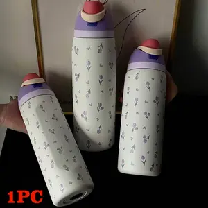 Tulip Pattern Vacuum Flask, 1 Count 24oz/32oz/40oz Stainless Steel Insulated Water Bottle with Straw, Drinking Cup for Home Office School Outdoor, Drinkware, Reusable Tumbler with Lid