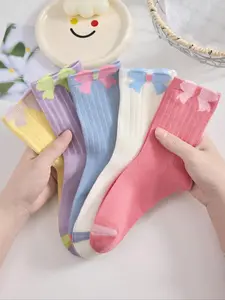 5 Pairs Kids Socks, Rainbow Color Mid-Calf, Large Bow Design, Windproof Fall Socks, Comfortable Soft, All Seasons, Random Colors
