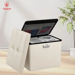 White Fireproof Storage Ottoman Modern Leather Footstool with Lock Square Folding File Box Cover Container