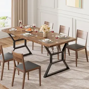 Garvee 180.1 cm large dining table for 6 people, rectangular kitchen table with sturdy metal legs, farmhouse wooden dining table for large families (brown)