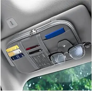 Sun Visor Organizer, Multi-Pocket Visor Organizer Storage Pouch for Cars, SUVs & Trucks with Double Zippers, Elastic Bands & Glasses Clip - Organizes Essentials Keep Tidy (Grey、Black、Pink、Bule)
