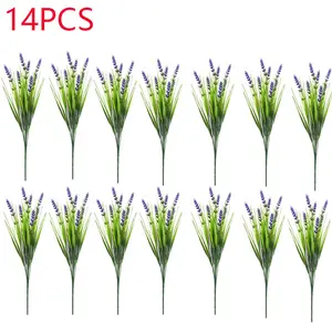 14 pieces of realistic 7-branch outdoor artificial flowers, Artificial mixed flower, UV-resistant lavender flowers and outdoor green shrubs, suitable for outdoor courtyards, gardens, flower beds and hanging flower pots decoration, Outdoor Faux Plants