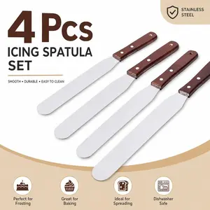 Cake Decorating Hack! 4Pcs (4-10") Straight Icing Spatulas - Wood Handle Stainless Steel Frosting Tool for Smooth Edges outdoorfun