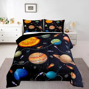 Planets Bedding Set,Solar System Comforter Set,Outer Space Theme Down Comforter,Warm Rocket Starry Sky Quilted Duvet