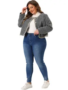 Agnes Orinda Plus Size Plaid Tweed Blazer for Women Collarless Long Sleeve Open Front Work Short Jacket