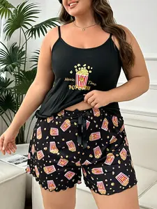 Plus Size Women's Casual Home Sleepwear Set, Cute Fun Popcorn Print Tank Top + Elastic Waist Shorts, Comfortable Lounge