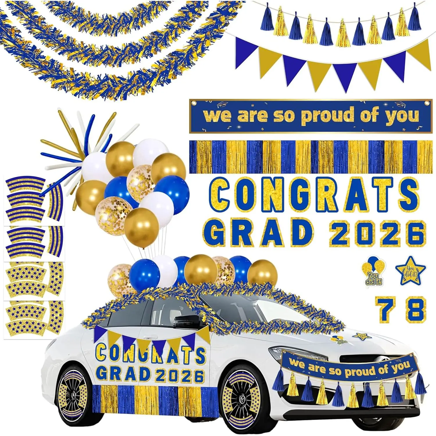 2026 Graduation Car Exterior Decorations Kit (58pcs) - PVC Party Accessories, Easy Install, Secure, Classic, Photo-Friendly, Blue Black Gold Magnets, Wire Tinsel Garlands, 1 Triangular Paper Banner, 30 Latex Balloons, 4 Wheel Stickers for Car Parades, Pap