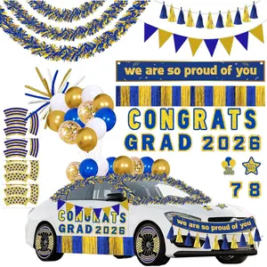 2026 Graduation Car Decorations Kit (58pcs) - Blue Gold Magnets, Tinsel Garlands, Banners, Balloons for Class of 2026 Party, Parade Float Car Exterior Accessories