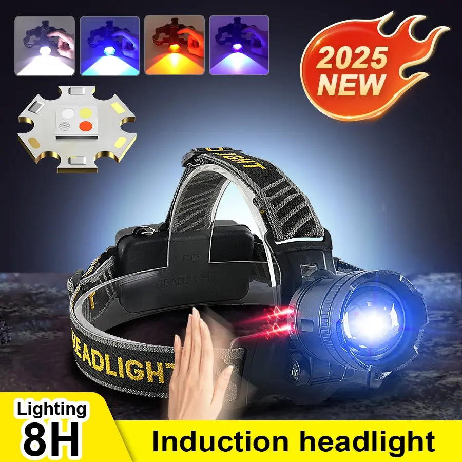 4 Wick Multi Function Zoom Headlamp, Remote Sensing Switch, 5200mAH Rechargeable Head Lamp, Suitable for Fishing, Camping, Working, and Mountaineering Lighting
