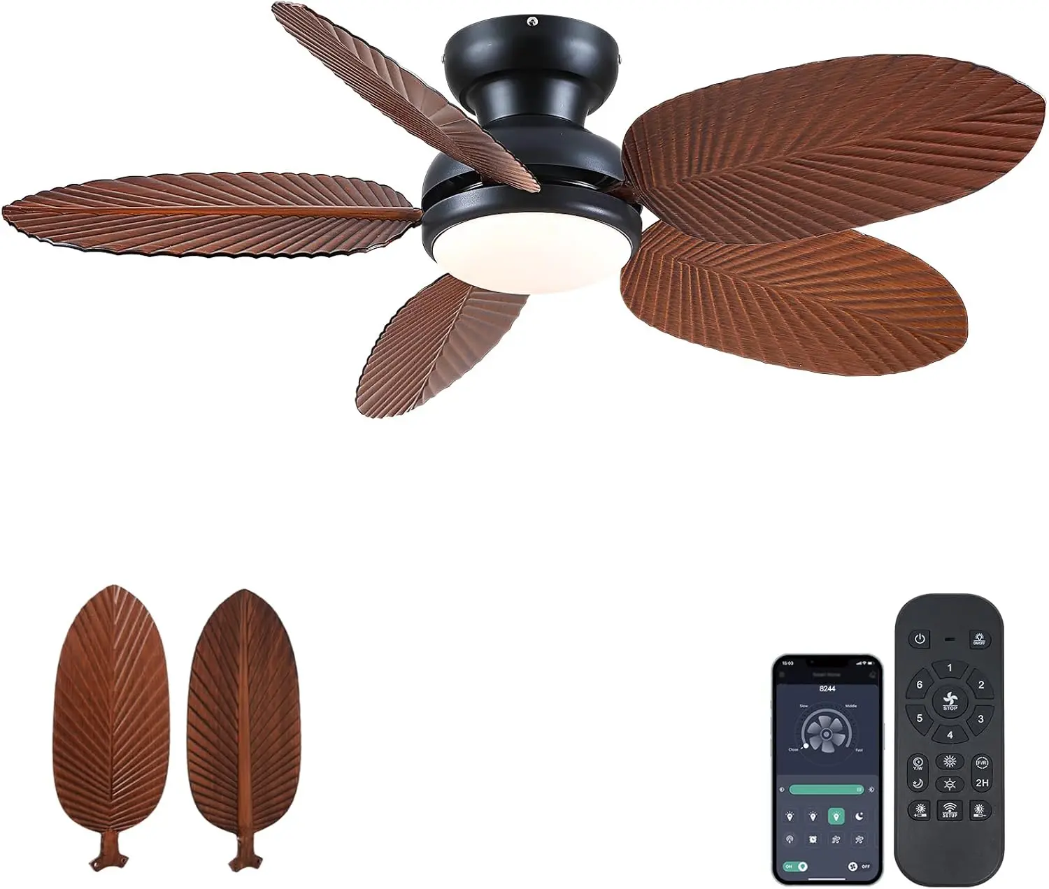 Tropical Palm Leaf Ceiling Fans with Lights, Ceiling Fan with Light and Remote 3CCT Dimmable Light, 5 , Reversible 6 Speeds Flush Mount Ceiling Fan Coastal Indoor 45 inch Brown