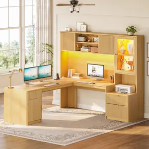 SEDETA 67" x 65" L Shaped Desk with Hutch, RGB LED Corner Computer Desk with Power Outlets, Fluted Home Office Desk with File Drawer, Storage & Glass Display Cabinets for Gaming & Working