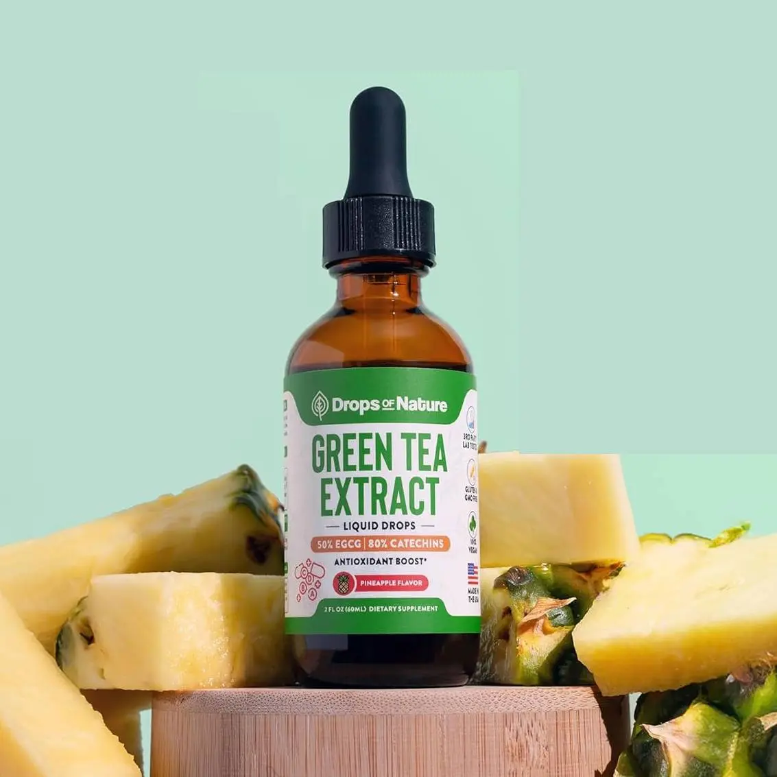 Drops of Nature Green Tea 10:1 Extract Liquid Supplement - Pineapple, 60 mL | 50% EGCG, 80% Catechins, Antioxidant & Immune Health Support, 4X Faster Absorption than Pills & Capsules, Vegan, Gluten-Free