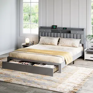 Bed Frame with 4 Storage Drawers No MATTRESS Queen Size Wood Slats Holds 900lbs No Noise No Box Spring Needed Full King Twin White Rivet Design